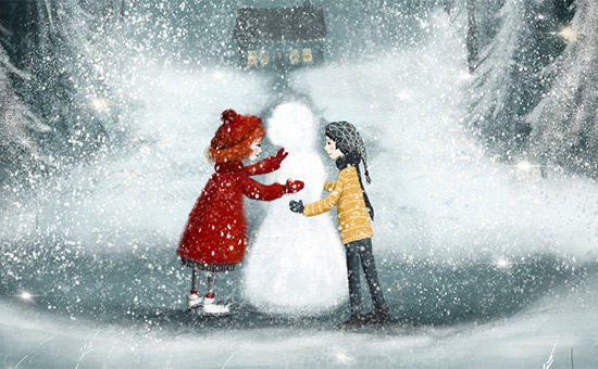 Illustration med två barn som gör en snögubbe