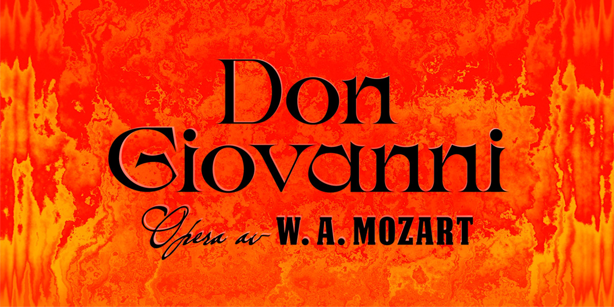 Texten Don Giovanni med eldslågor i bakgrunden