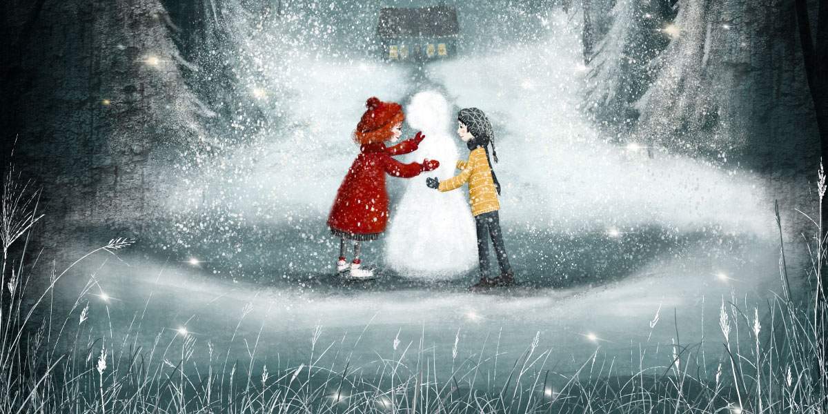 Illustration på två barn som bygger en snögubbe